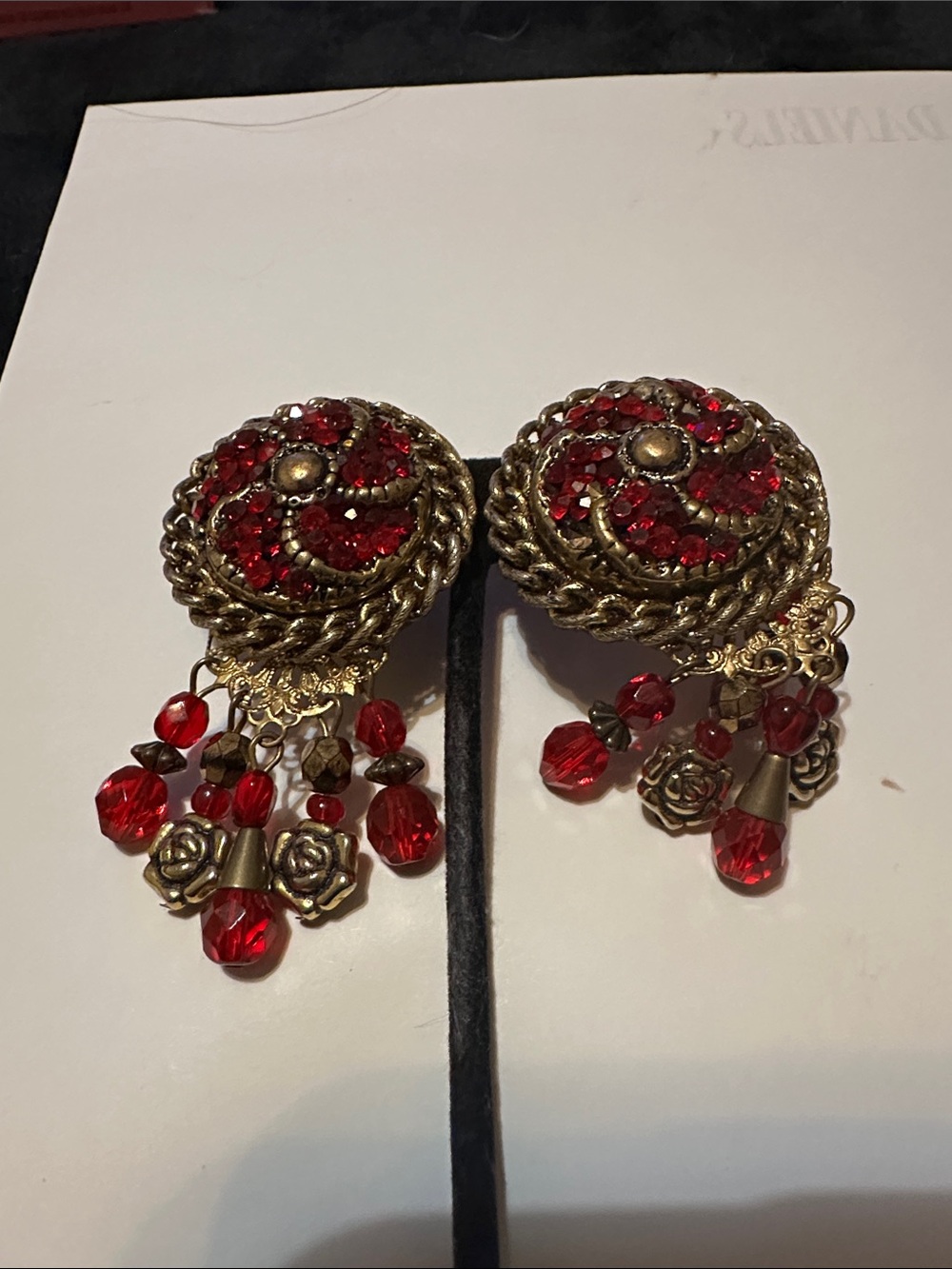 Gold-Tone Red Crystal Drop Earrings - Vintage-Inspired HANDMADE